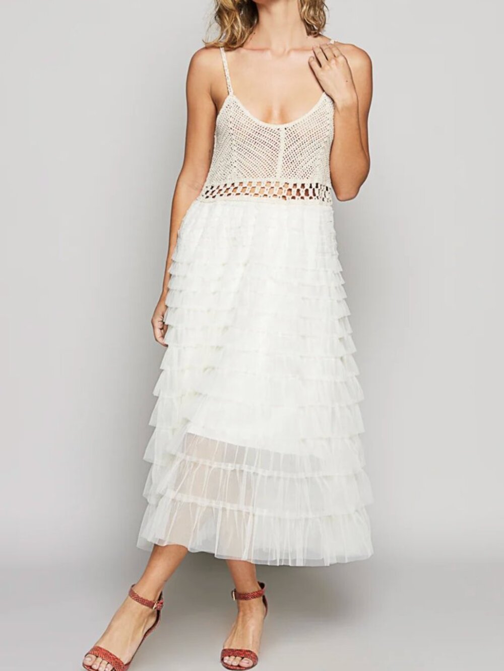 POL Round Neck Sleeveless Crochet Lace Ruffle Dress